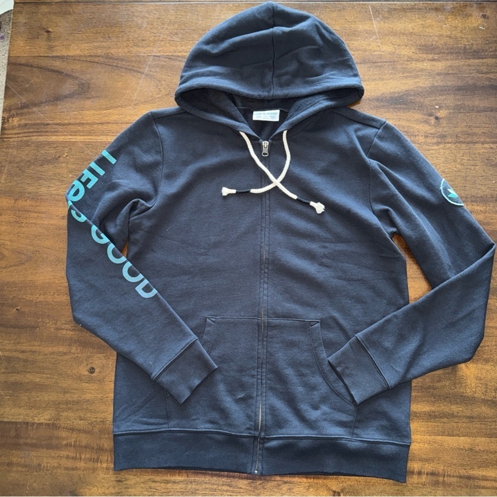 Life is Good Black Full Zip Hoodie Sweater womens Small teal logo sleeve - Picture 2 of 9
